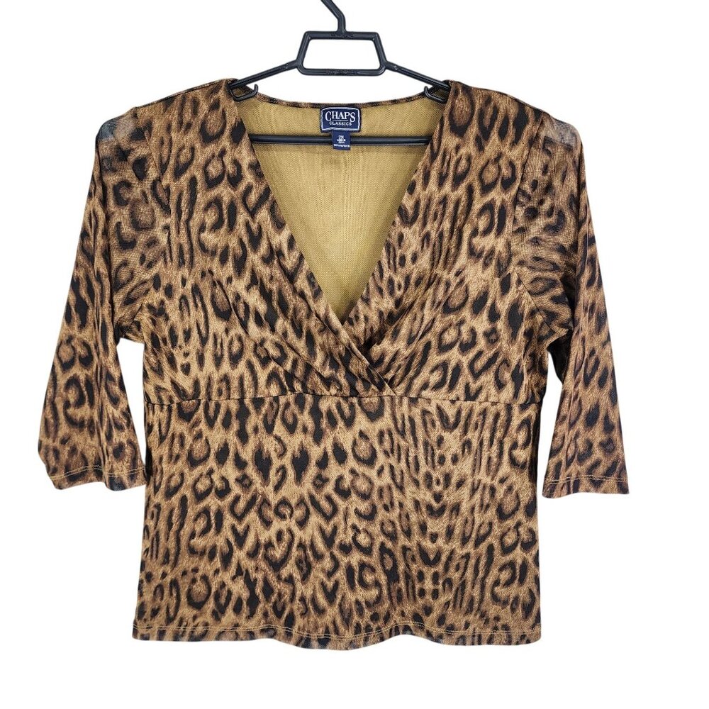 Womens Chaps Classics Brown Leopard Print Top 3/4 Sleeve V-Neck Polyester 2X